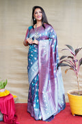Monjolika Fashion Teal Blue Woven Banarasi Silk Blend Saree With Blouse | Grocsy