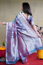 Monjolika Fashion Teal Blue Woven Banarasi Silk Blend Saree With Blouse | Grocsy