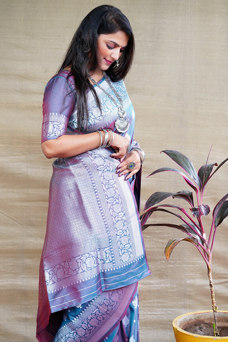 Monjolika Fashion Teal Blue Woven Banarasi Silk Blend Saree With Blouse | Grocsy
