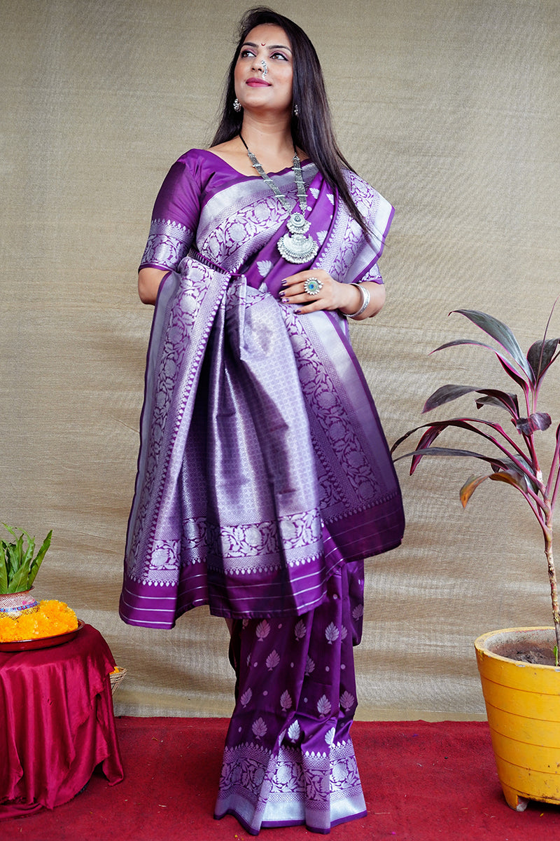 Monjolika Fashion Purple Woven Banarasi Silk Blend Saree With Blouse | Grocsy