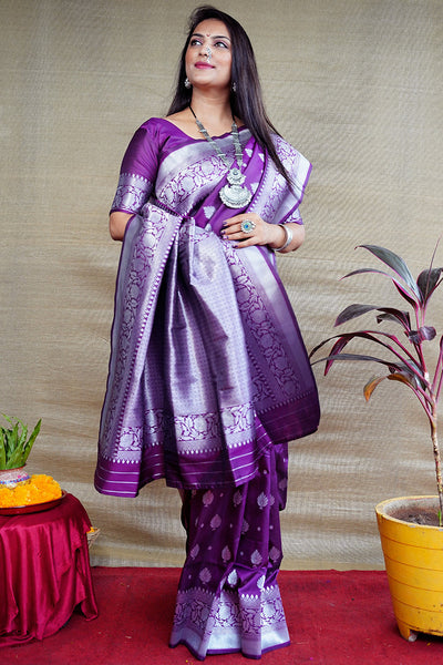 Monjolika Fashion Purple Woven Banarasi Silk Blend Saree With Blouse