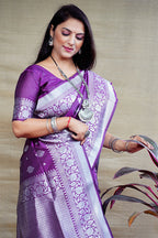 Monjolika Fashion Purple Woven Banarasi Silk Blend Saree With Blouse | Grocsy