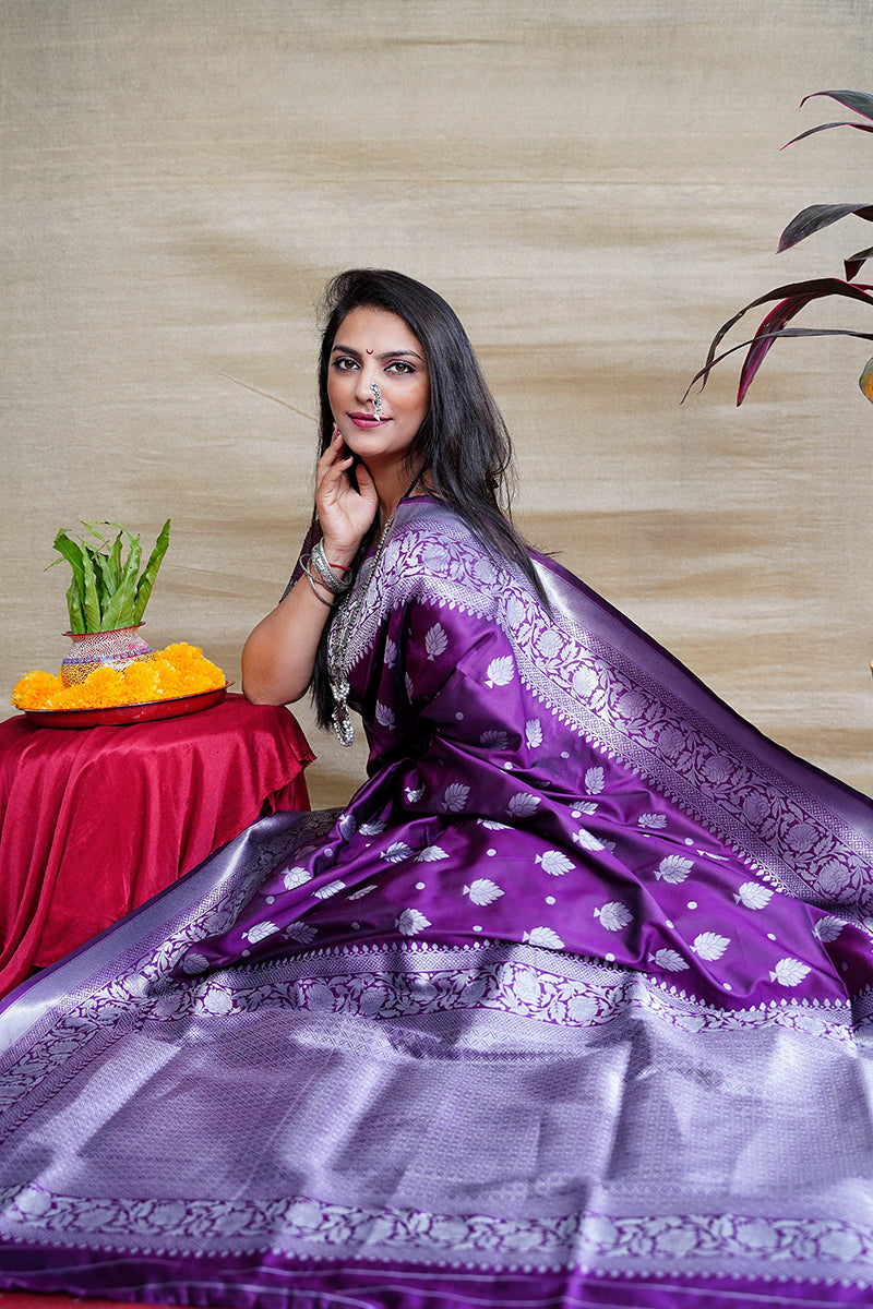 Monjolika Fashion Purple Woven Banarasi Silk Blend Saree With Blouse | Grocsy
