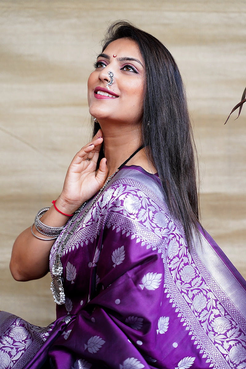 Monjolika Fashion Purple Woven Banarasi Silk Blend Saree With Blouse | Grocsy