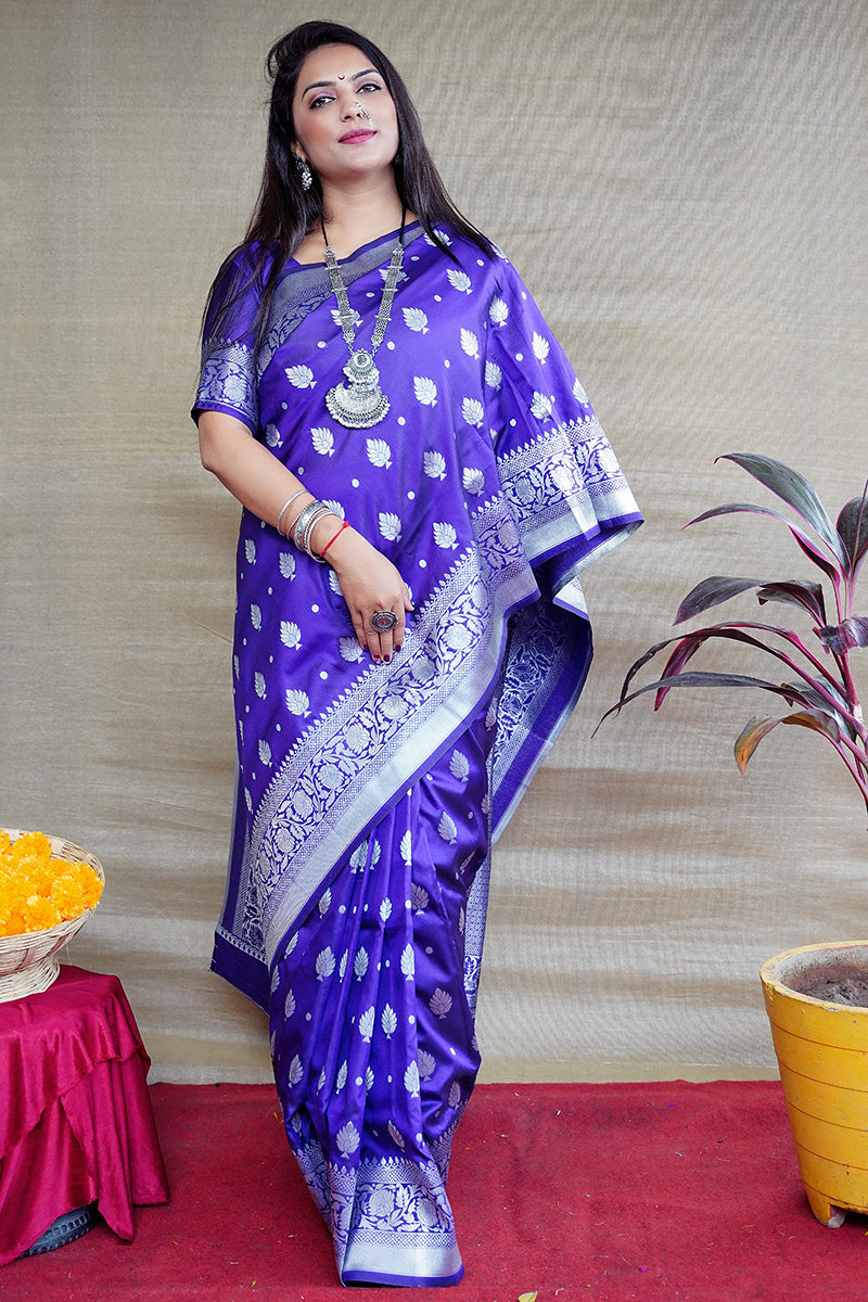 Monjolika Fashion Royal Blue Woven Banarasi Silk Blend Saree With Blouse | Grocsy