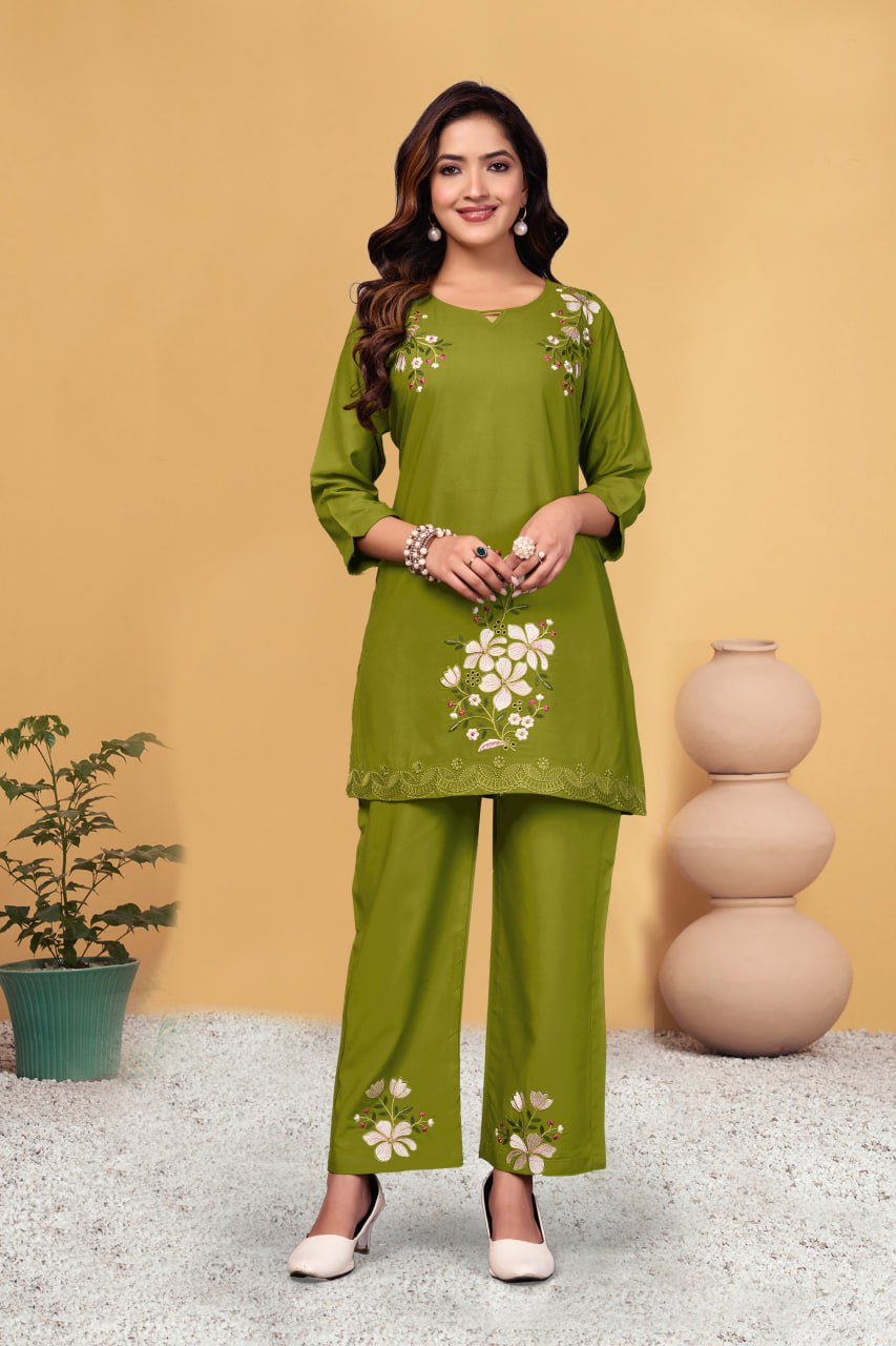 Pramukh Fab Olive Color Viscose Rayon Co-ord Set | Grocsy