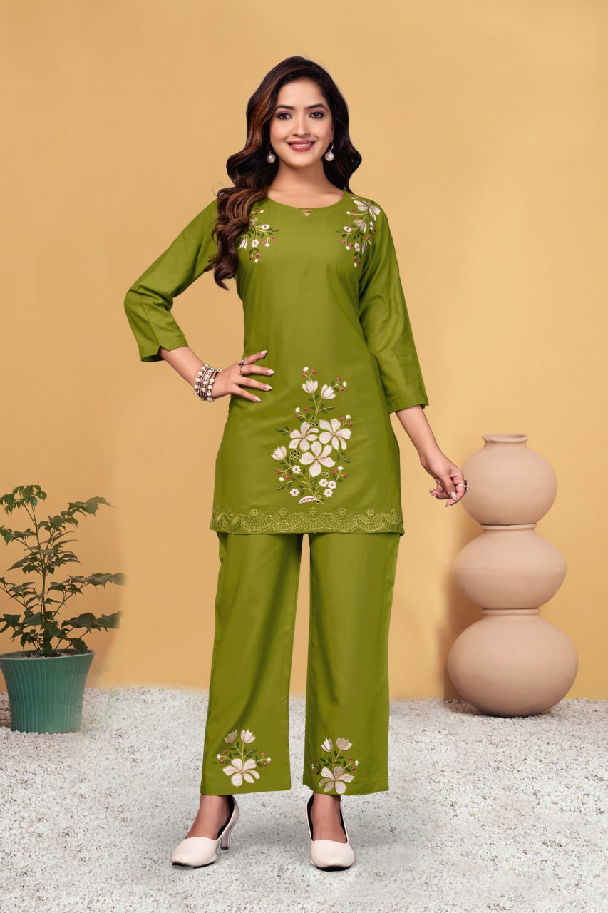 Pramukh Fab Olive Color Viscose Rayon Co-ord Set | Grocsy