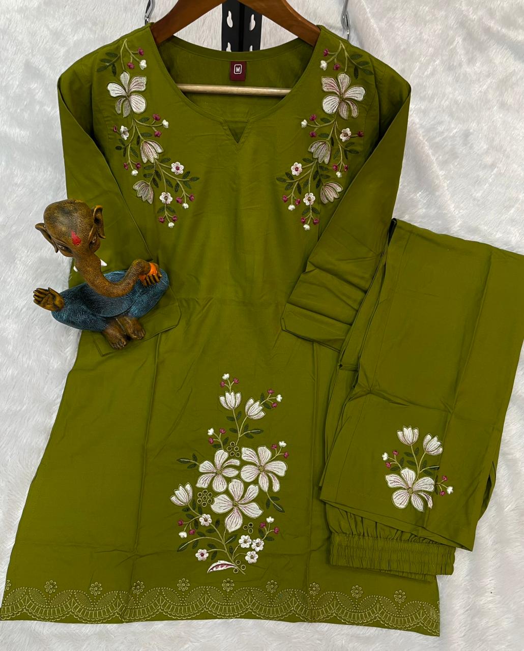 Pramukh Fab Olive Color Viscose Rayon Co-ord Set | Grocsy