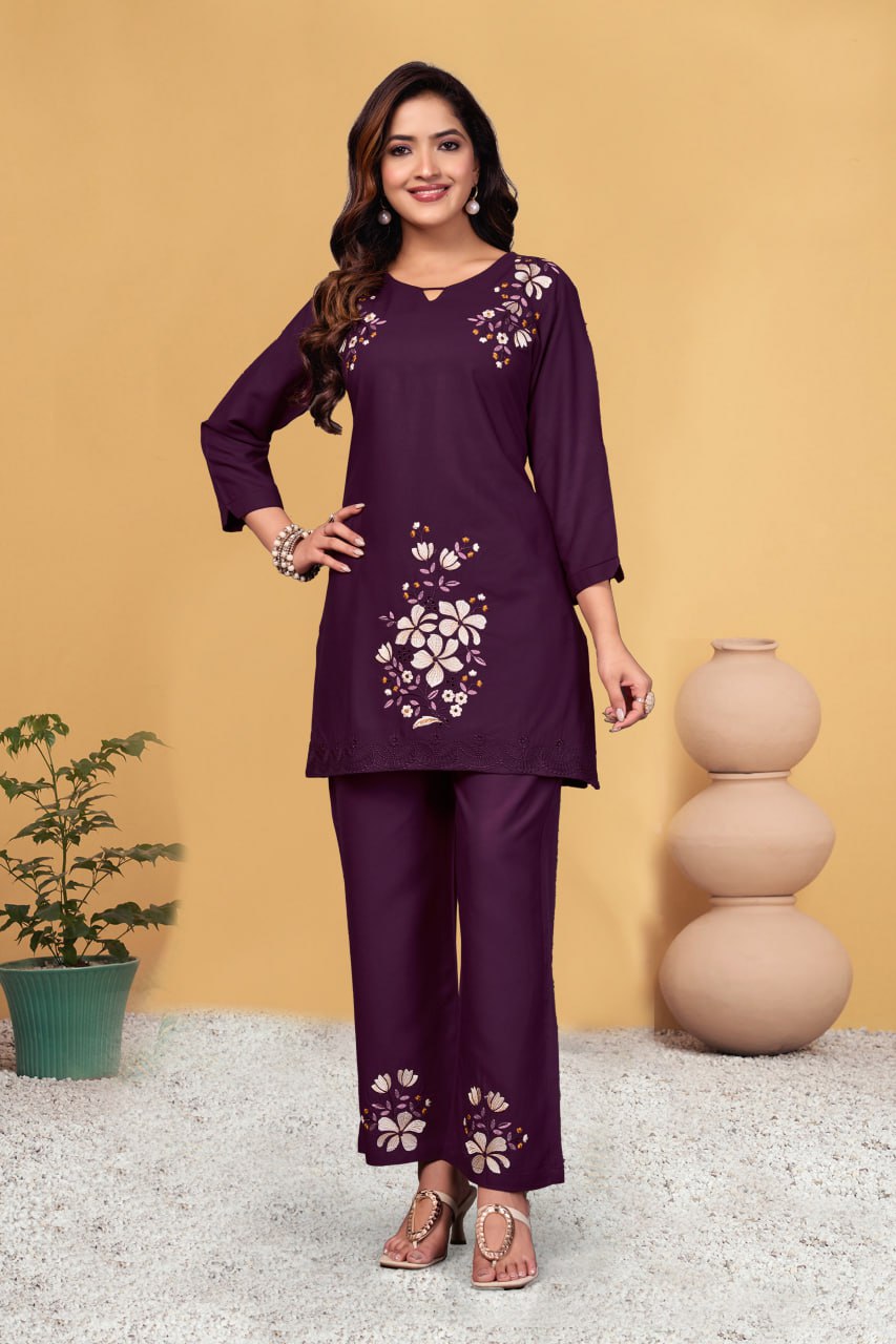 Pramukh Fab Plum Color Viscose Rayon Co-ord Set | Grocsy
