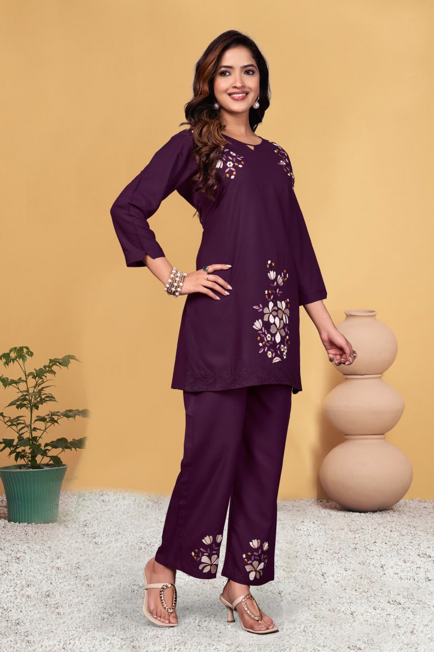 Pramukh Fab Plum Color Viscose Rayon Co-ord Set | Grocsy