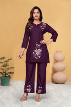 Pramukh Fab Plum Color Viscose Rayon Co-ord Set | Grocsy