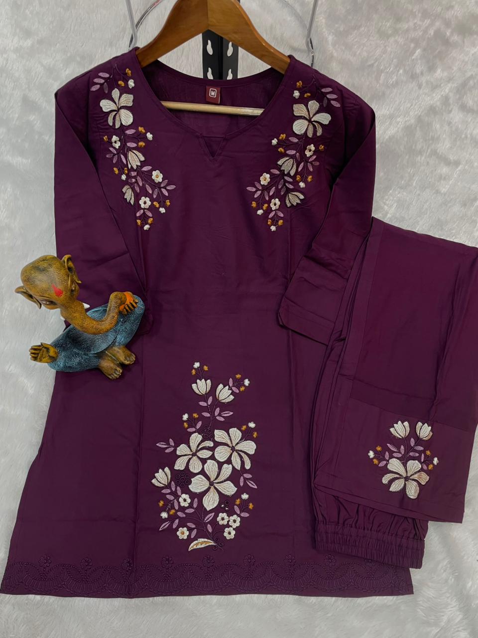 Pramukh Fab Plum Color Viscose Rayon Co-ord Set | Grocsy