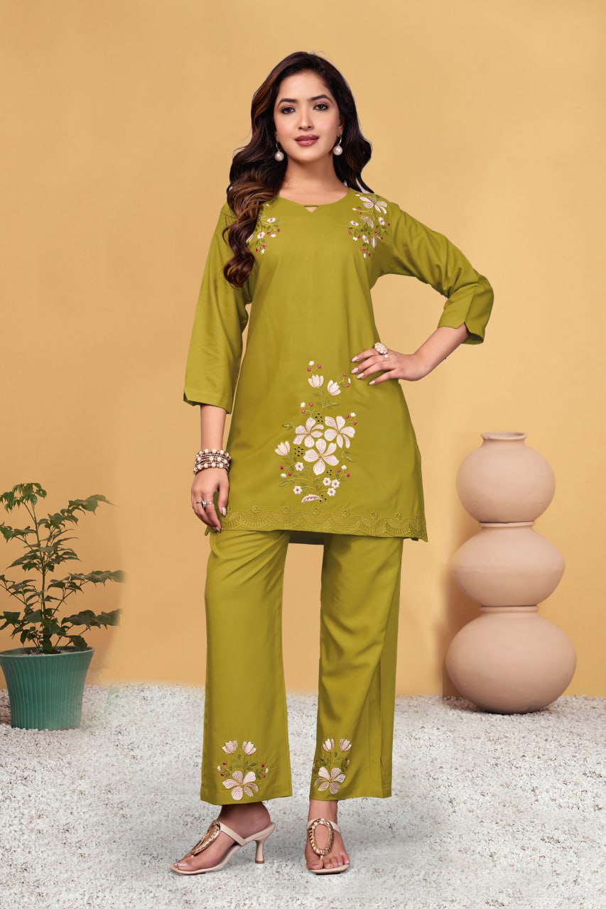 Pramukh Fab Mustard Color Viscose Rayon Co-ord Set | Grocsy