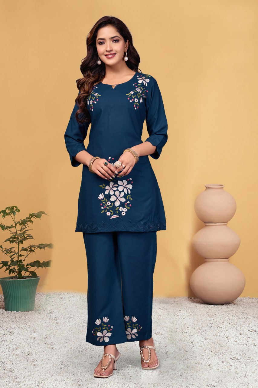 Pramukh Fab Navy Blue Color Viscose Rayon Co-ord Set | Grocsy