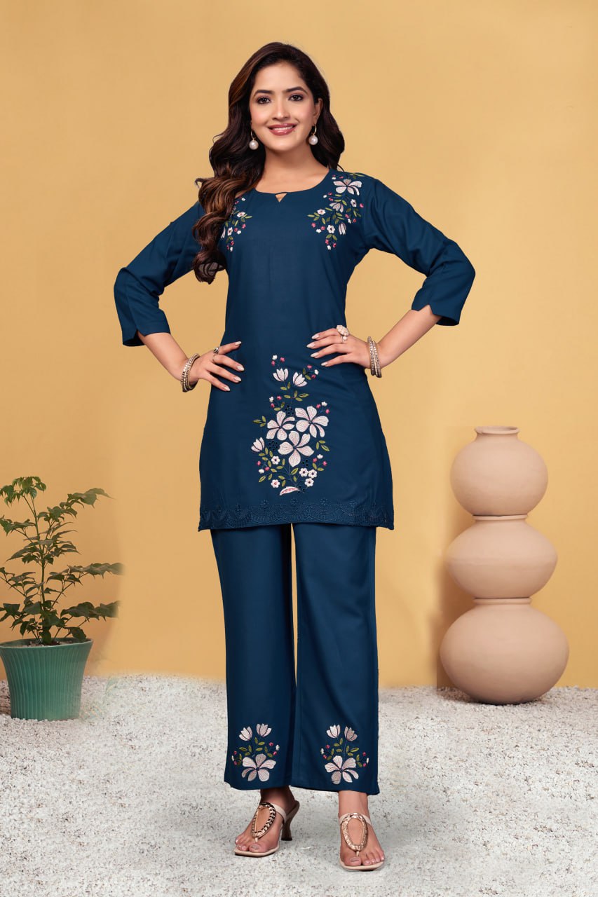 Pramukh Fab Navy Blue Color Viscose Rayon Co-ord Set | Grocsy