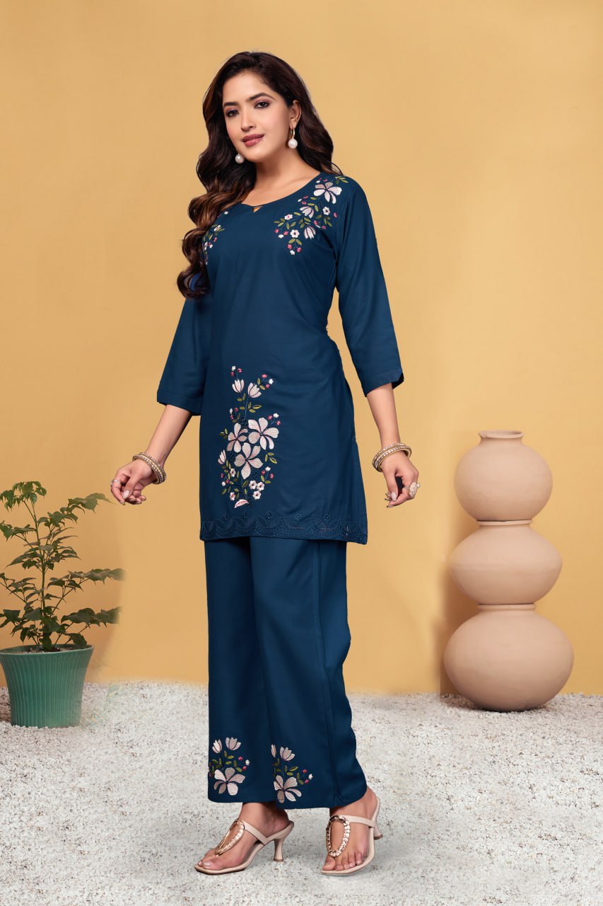 Pramukh Fab Navy Blue Color Viscose Rayon Co-ord Set | Grocsy