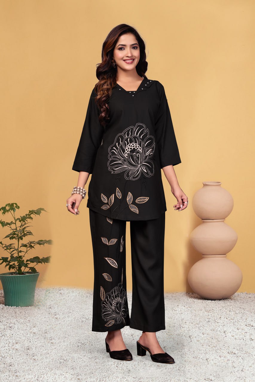 Pramukh Fab Black Color Viscose Rayon Co-ord Set | Grocsy