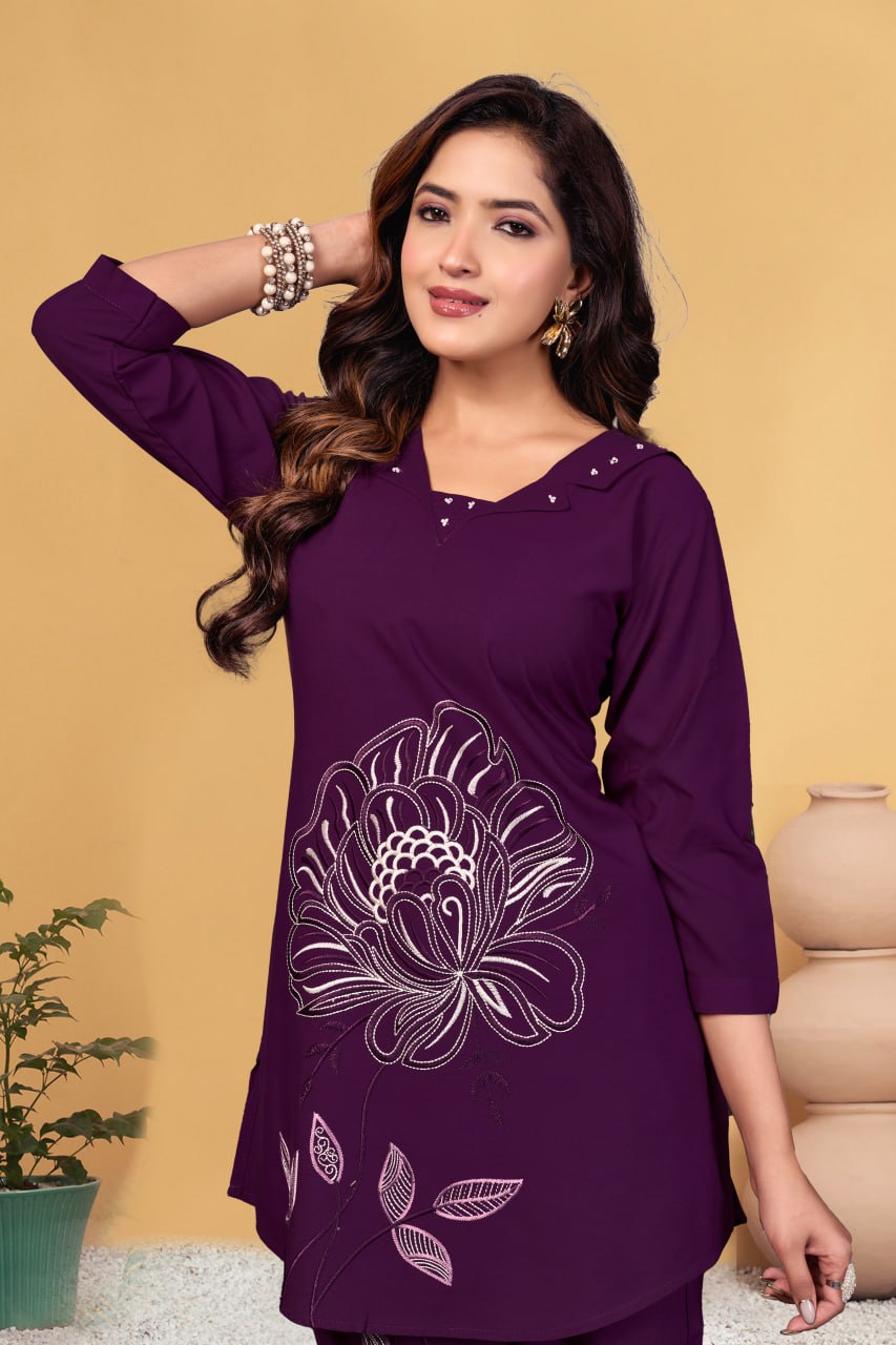 Pramukh Fab Plum Color Viscose Rayon Co-ord Set | Grocsy