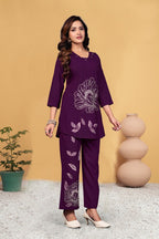 Pramukh Fab Plum Color Viscose Rayon Co-ord Set | Grocsy