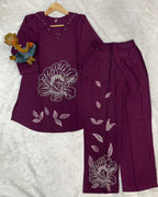 Pramukh Fab Plum Color Viscose Rayon Co-ord Set | Grocsy