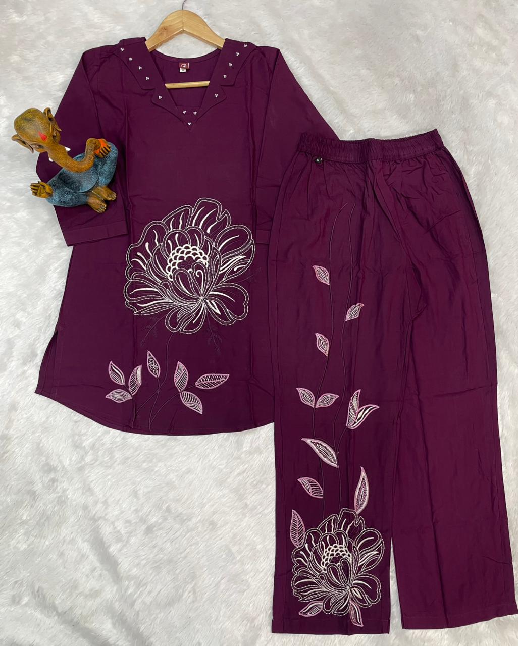 Pramukh Fab Plum Color Viscose Rayon Co-ord Set | Grocsy