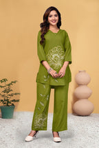 Pramukh Fab Olive Color Viscose Rayon Co-ord Set | Grocsy