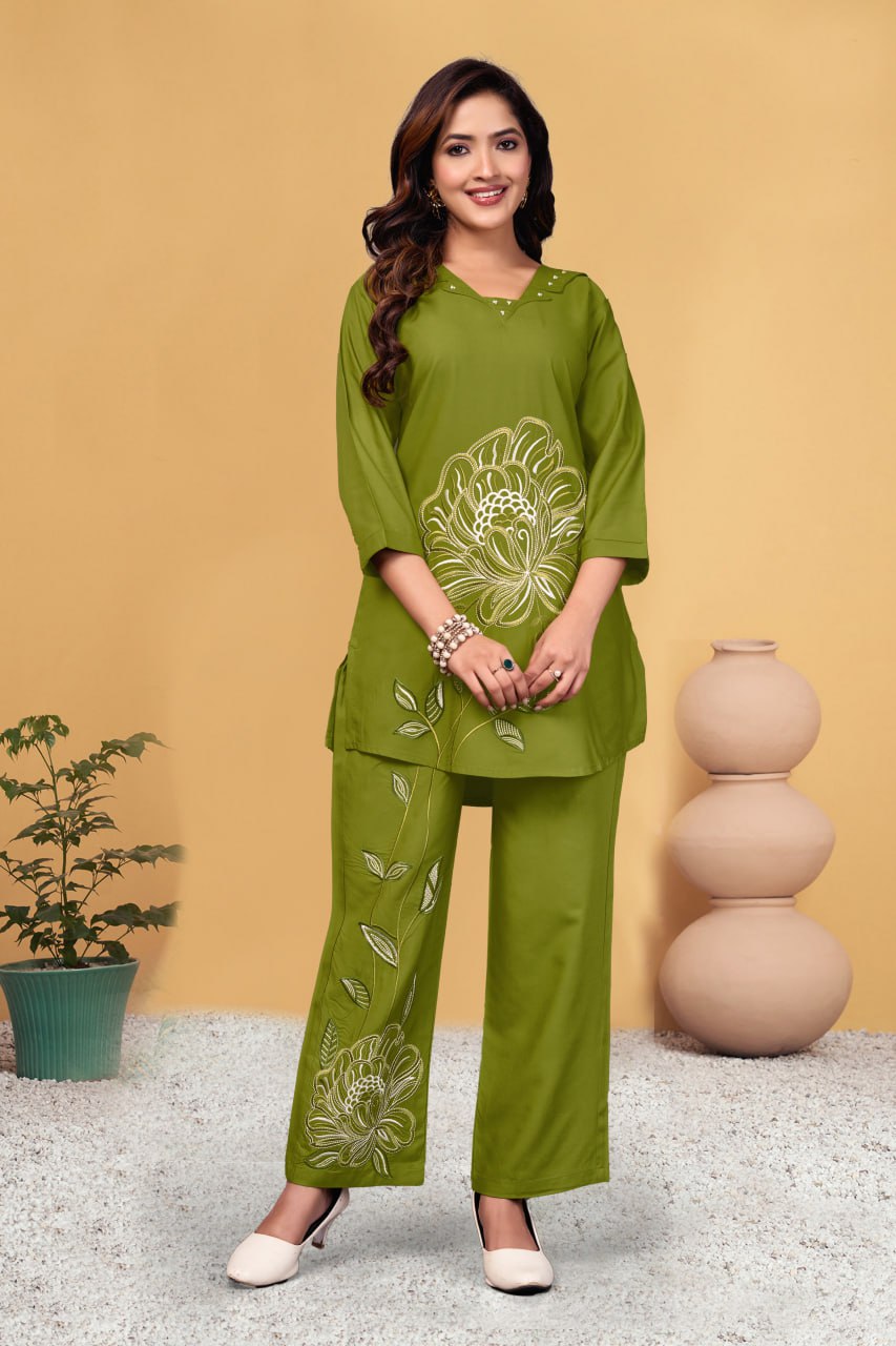 Pramukh Fab Olive Color Viscose Rayon Co-ord Set | Grocsy