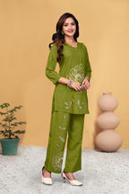 Pramukh Fab Olive Color Viscose Rayon Co-ord Set | Grocsy