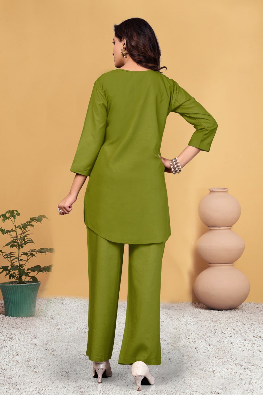 Pramukh Fab Olive Color Viscose Rayon Co-ord Set | Grocsy