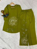 Pramukh Fab Olive Color Viscose Rayon Co-ord Set | Grocsy