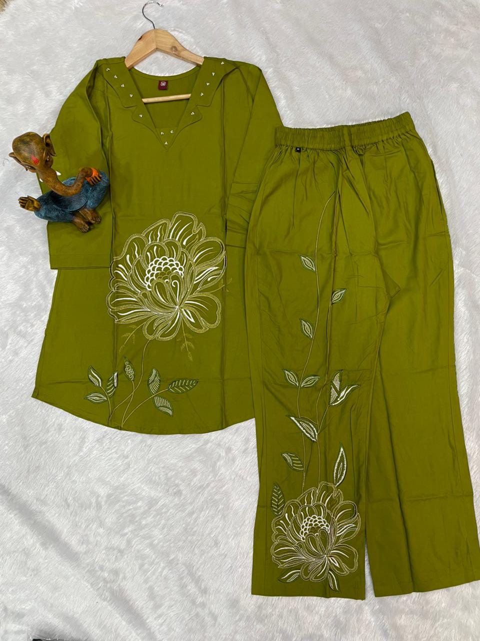 Pramukh Fab Olive Color Viscose Rayon Co-ord Set | Grocsy