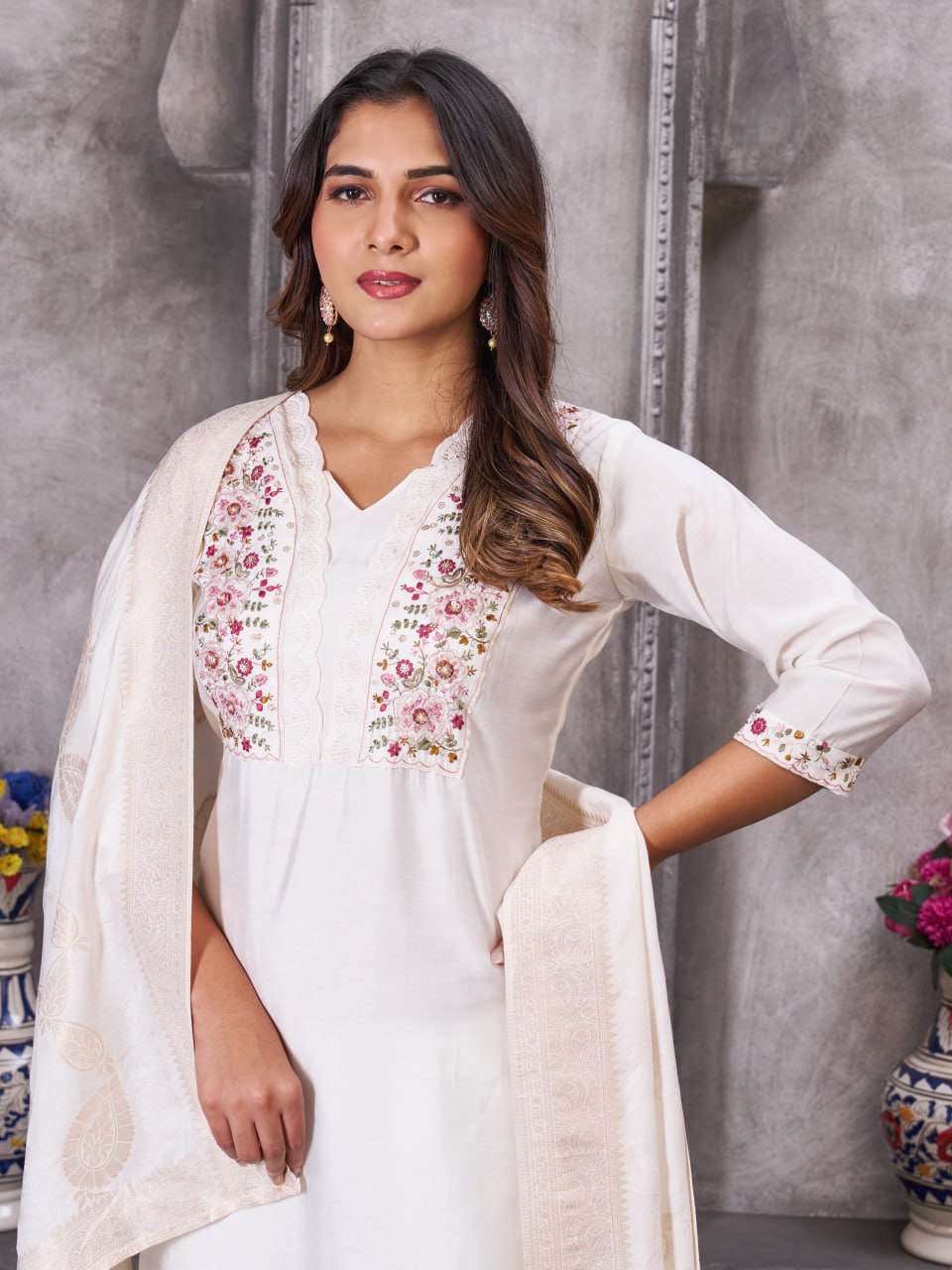 Pramukh Fab White Color Roman Silk Kurta Set | Grocsy