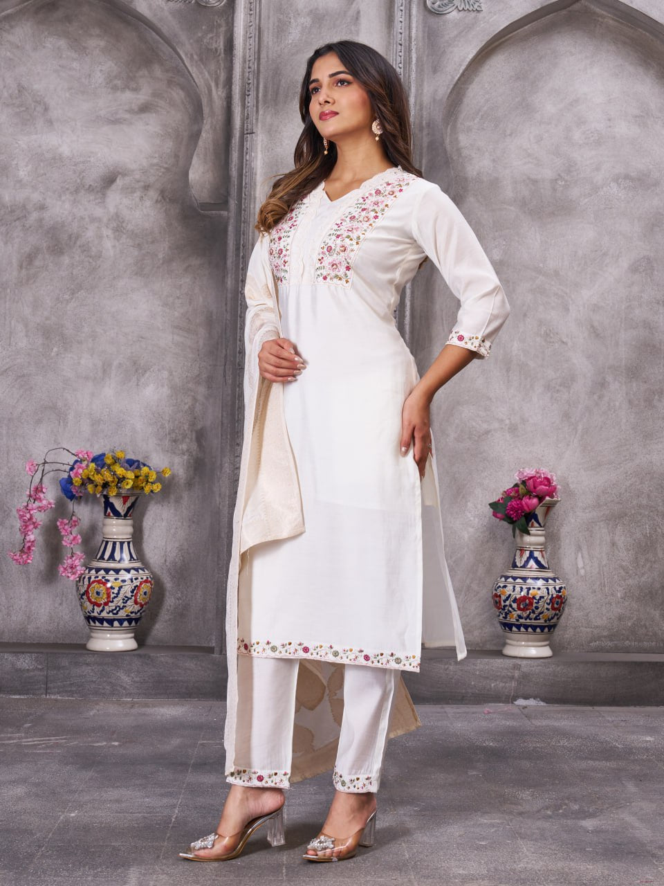 Pramukh Fab White Color Roman Silk Kurta Set | Grocsy