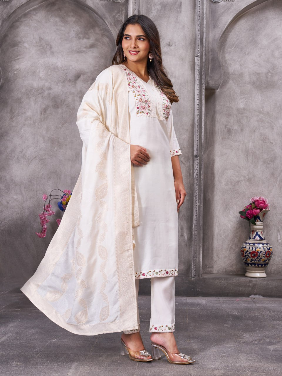 Pramukh Fab White Color Roman Silk Kurta Set | Grocsy
