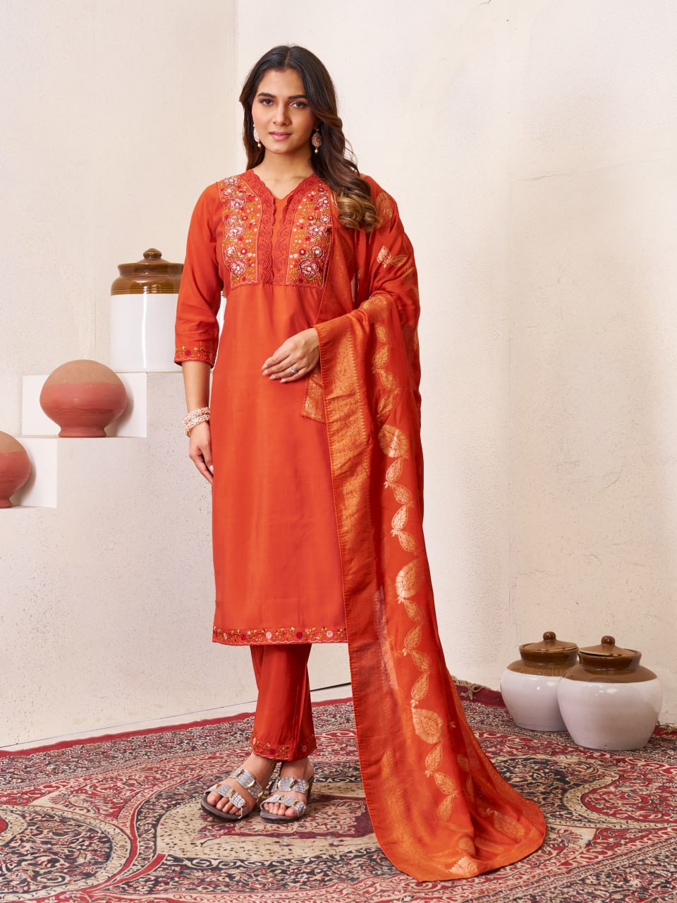Pramukh Fab Orange Color Roman Silk Kurta Set | Grocsy