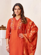 Pramukh Fab Orange Color Roman Silk Kurta Set | Grocsy