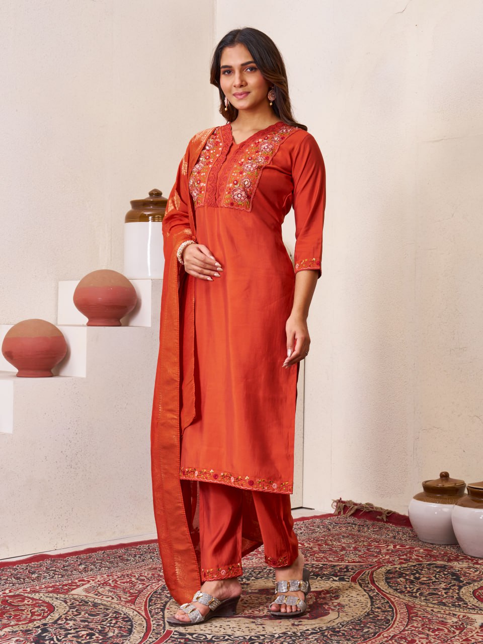 Pramukh Fab Orange Color Roman Silk Kurta Set | Grocsy