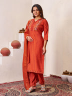 Pramukh Fab Orange Color Roman Silk Kurta Set | Grocsy