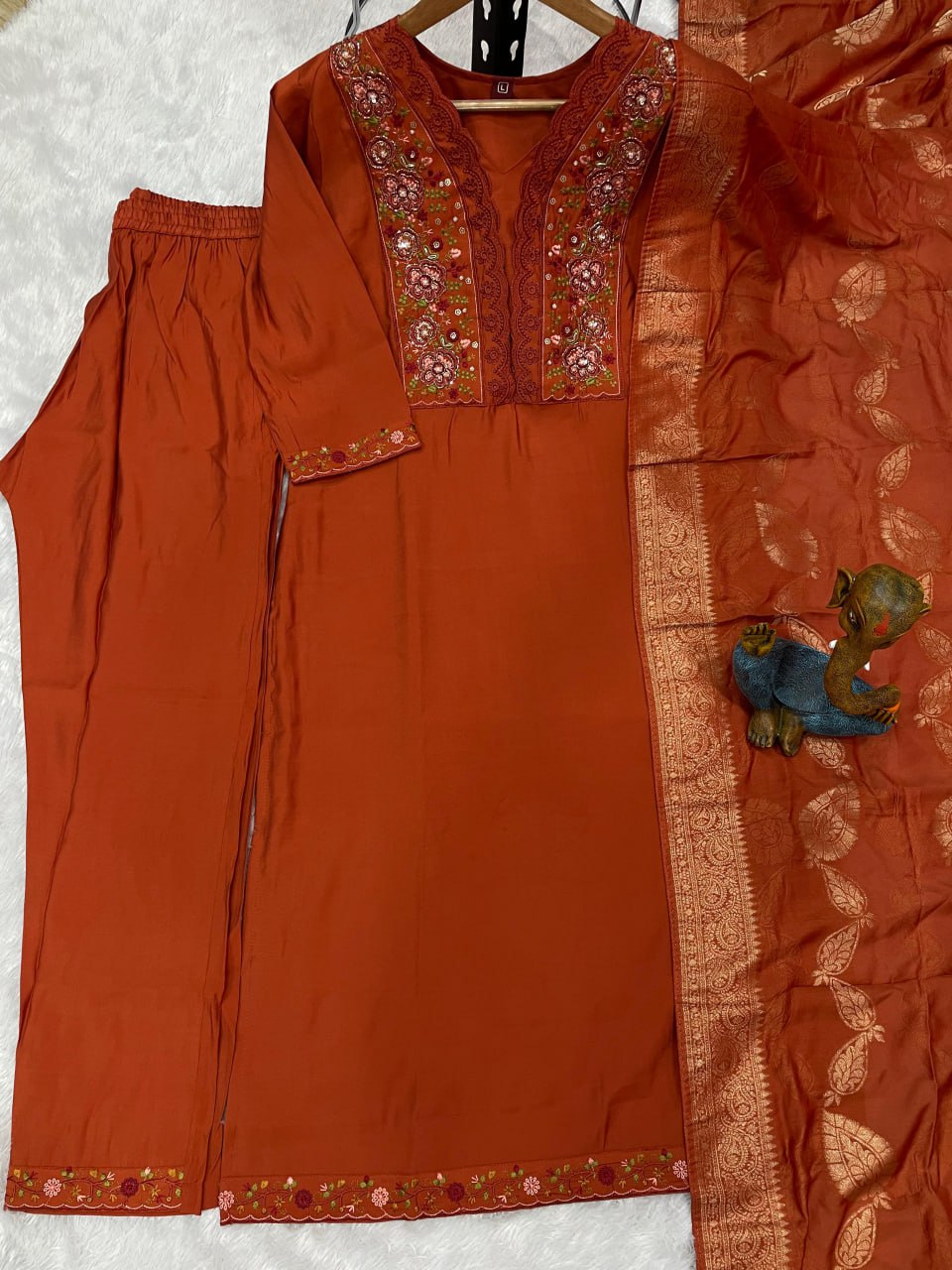 Pramukh Fab Orange Color Roman Silk Kurta Set | Grocsy