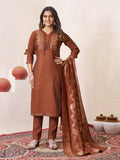 Pramukh Fab Brown Color Roman Silk Kurta Set | Grocsy
