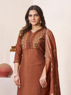 Pramukh Fab Brown Color Roman Silk Kurta Set | Grocsy