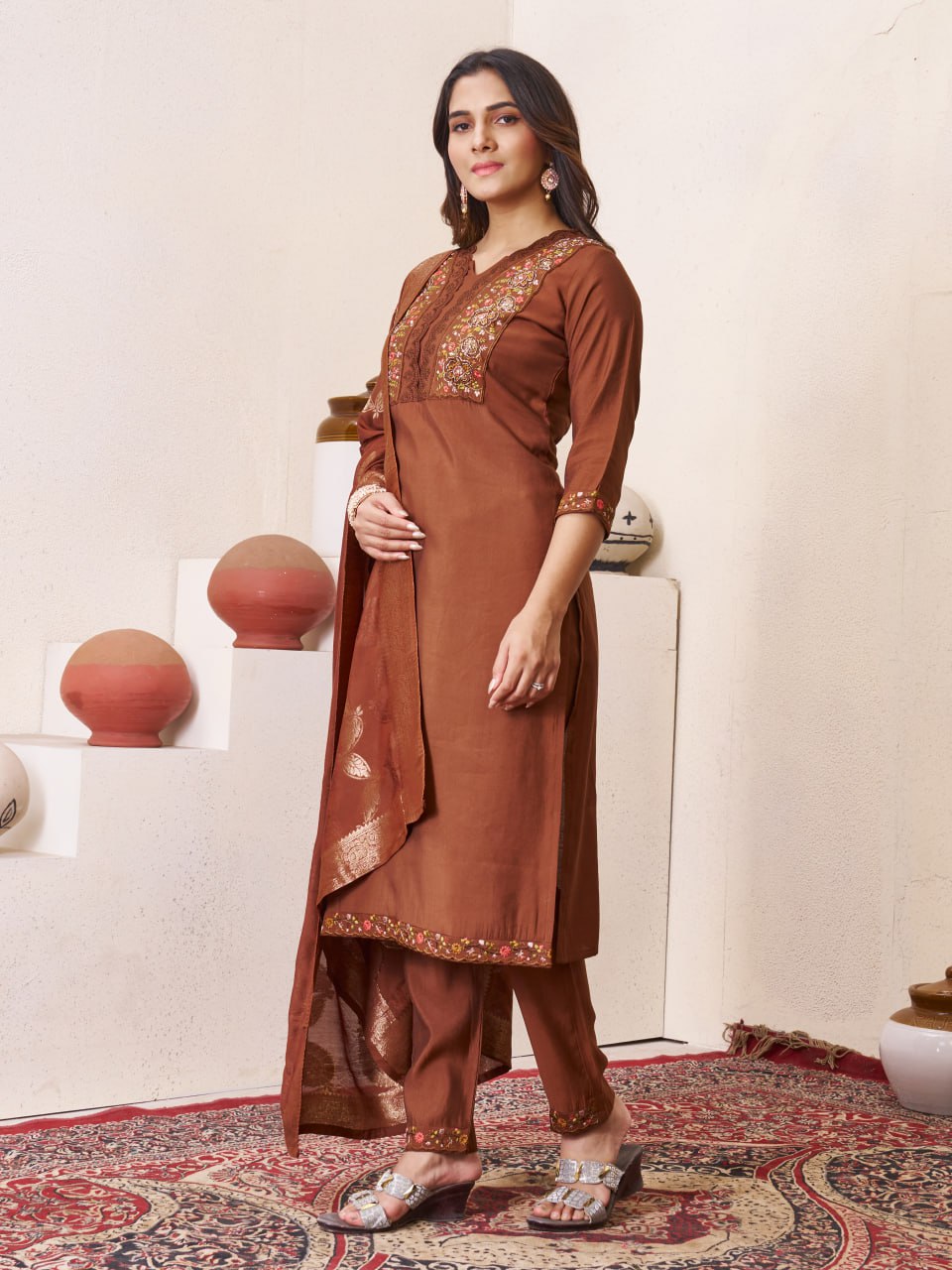Pramukh Fab Brown Color Roman Silk Kurta Set | Grocsy