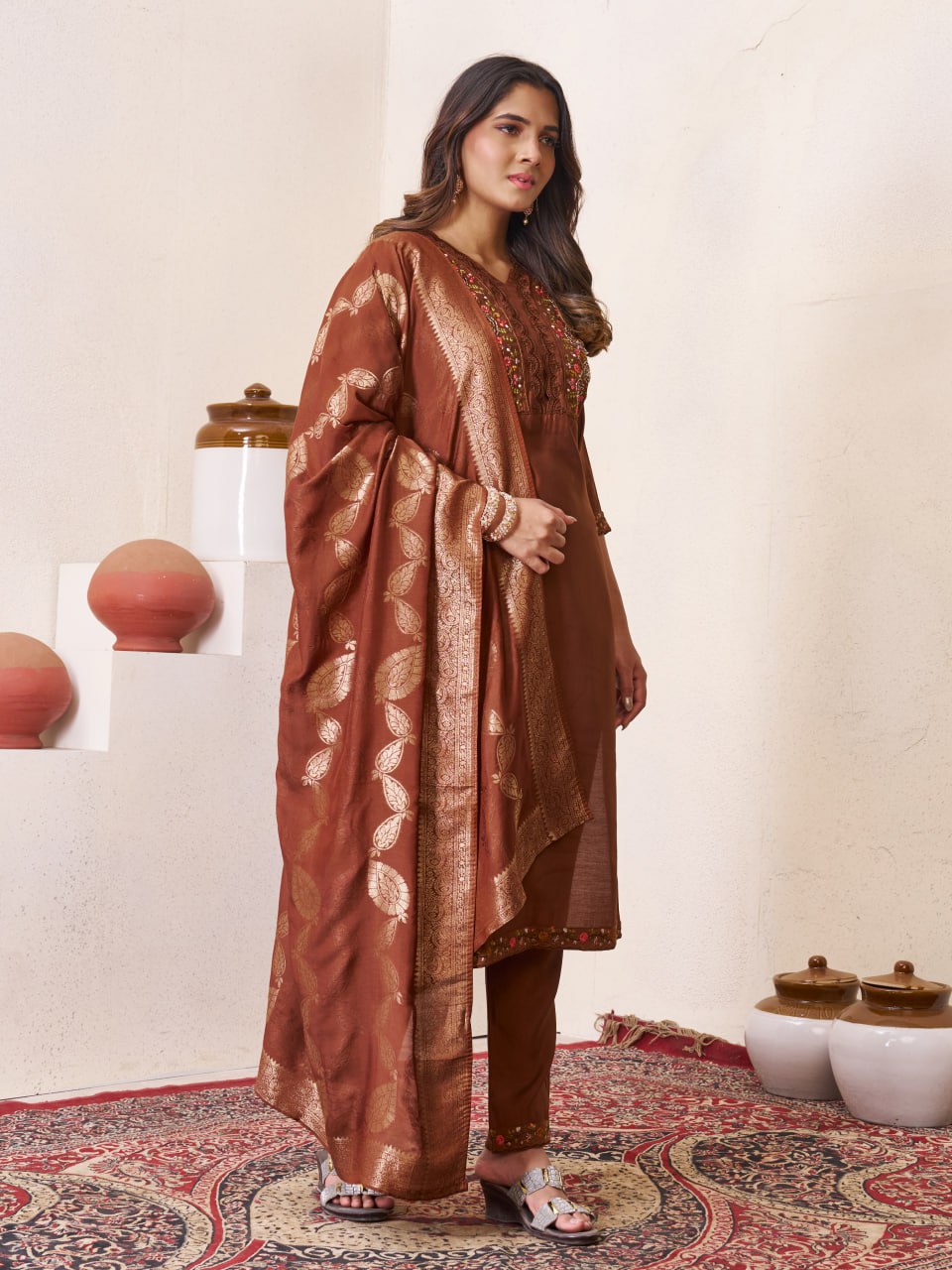 Pramukh Fab Brown Color Roman Silk Kurta Set | Grocsy