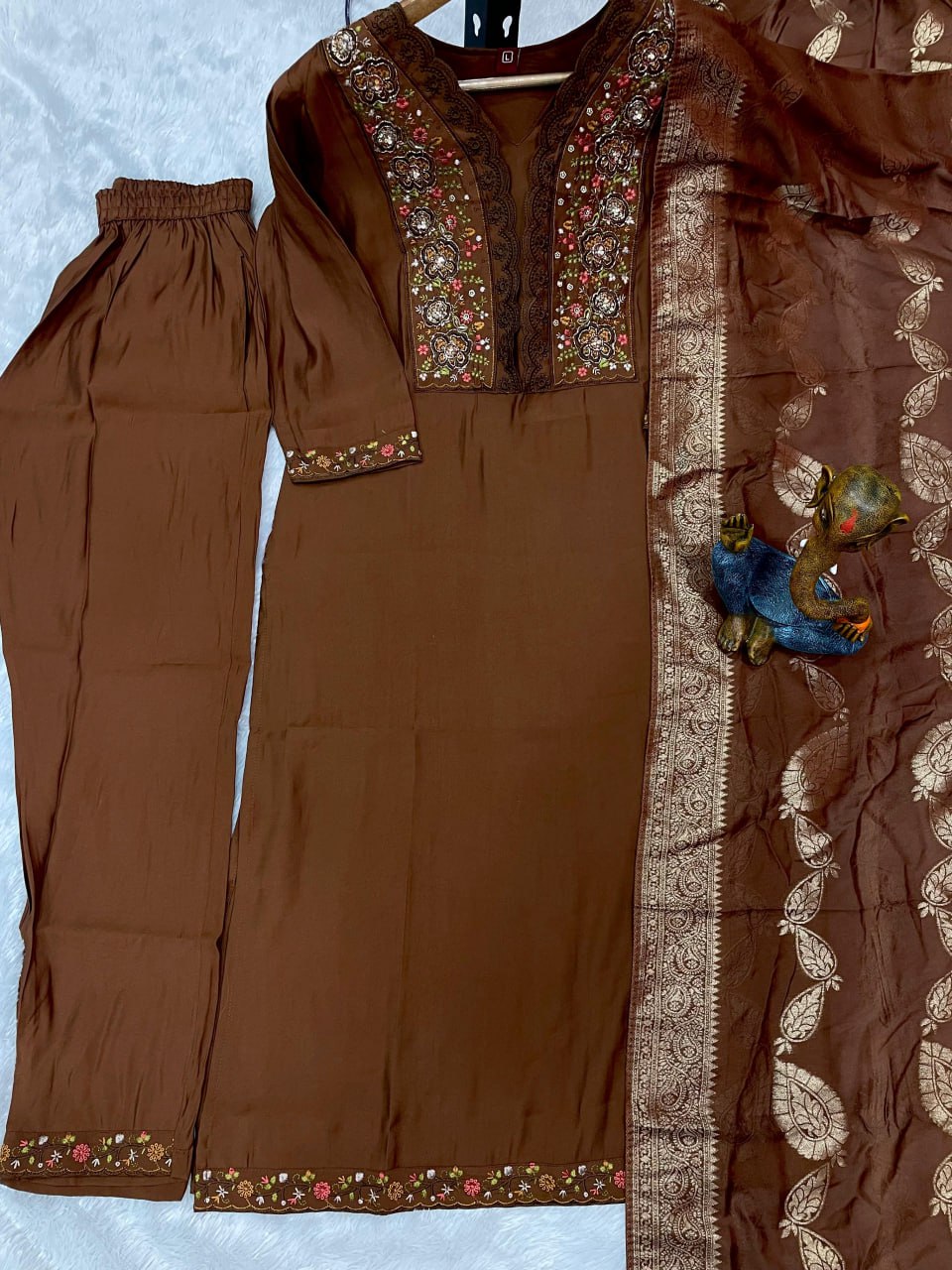 Pramukh Fab Brown Color Roman Silk Kurta Set | Grocsy