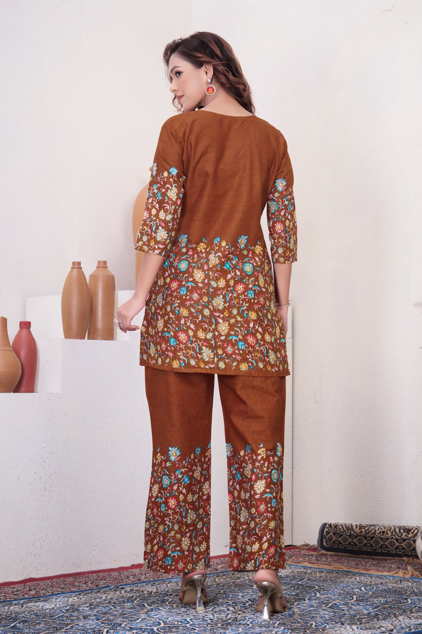 Pramukh Fab Brown Color Cotton Co-ord Set | Grocsy