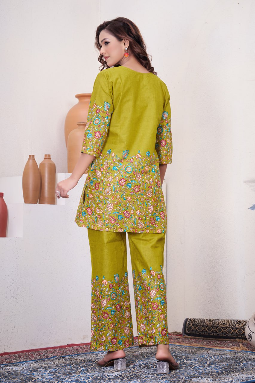 Pramukh Fab Olive Color Cotton Co-ord Set | Grocsy