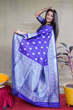 Monjolika Fashion Royal Blue Woven Banarasi Silk Blend Saree With Blouse | Grocsy