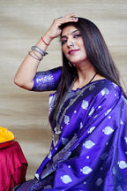 Monjolika Fashion Royal Blue Woven Banarasi Silk Blend Saree With Blouse | Grocsy