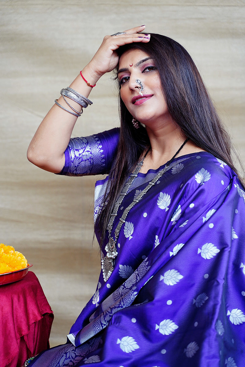 Monjolika Fashion Royal Blue Woven Banarasi Silk Blend Saree With Blouse | Grocsy