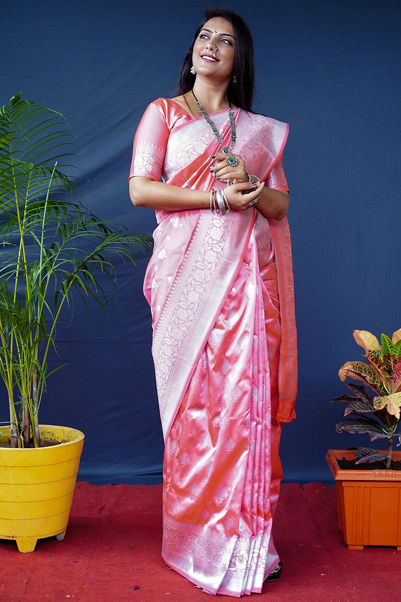 Monjolika Fashion Baby Pink Woven Banarasi Silk Blend Saree With Blouse | Grocsy